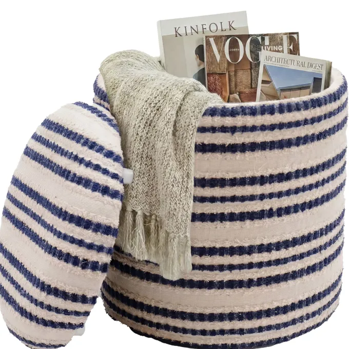 Sitzhocker Stauraum Baumwolle 40cm Beige Stoffhocker Rund Polsterhocker Stoff
