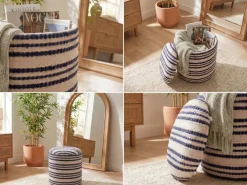 Sitzhocker Stauraum Baumwolle 40cm Beige Stoffhocker Rund Polsterhocker Stoff
