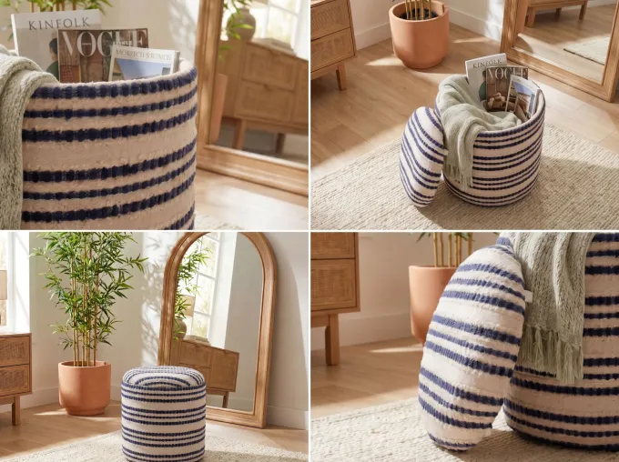 Sitzhocker Stauraum Baumwolle 40cm Beige Stoffhocker Rund Polsterhocker Stoff