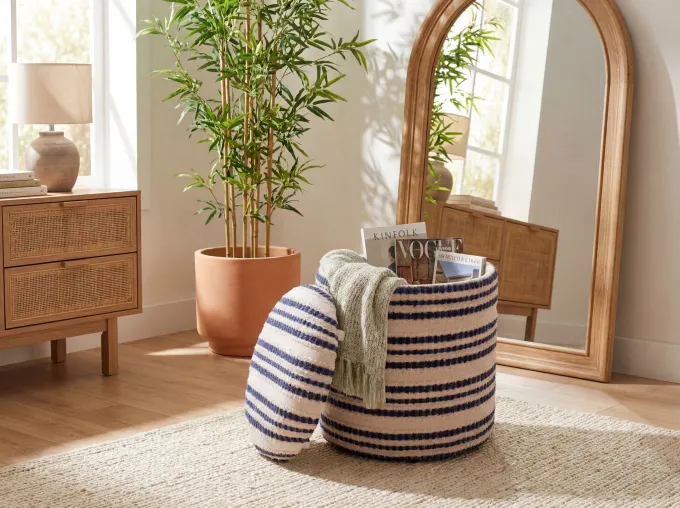 Sitzhocker Stauraum Baumwolle 40cm Beige Stoffhocker Rund Polsterhocker Stoff