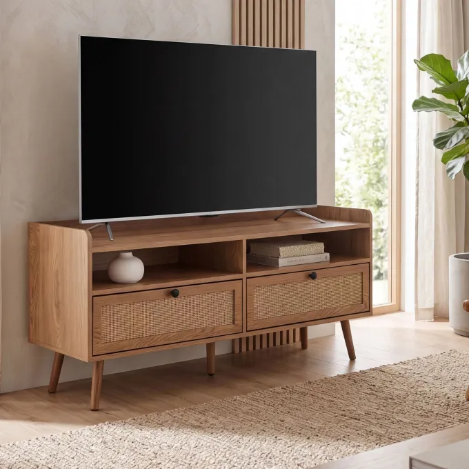TV-Board 120cm Kommode Ablage & 2 Schubladen Wiener Geflecht Ratten Fernsehschrank Lowboard