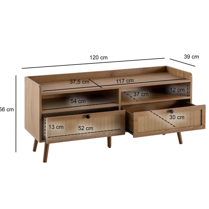 TV-Board 120cm Kommode Ablage & 2 Schubladen Wiener Geflecht Ratten Fernsehschrank Lowboard