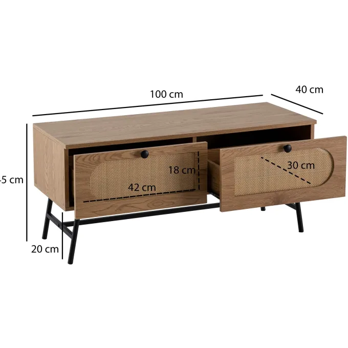 TV-Board 100cm MDF Eiche Dekor 2 Schubladen Wiener Geflecht Ratten Fernsehschrank Lowboard