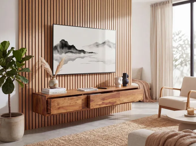 TV-Board Kommode 160cm hängend Sheesham Massivholz TV Lowboard mit 3 Schubladen