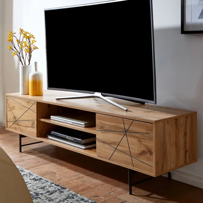 TV-Board Kommode 160cm MDF Eiche Dekor Design Lowboard mit 2 Türen & Ablage Fernsehschrank