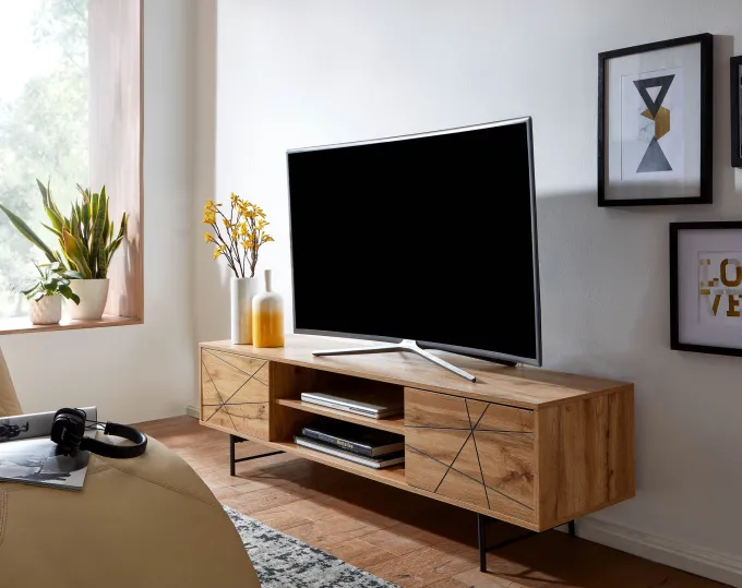 TV-Board Kommode 160cm MDF Eiche Dekor Design Lowboard mit 2 Türen & Ablage Fernsehschrank