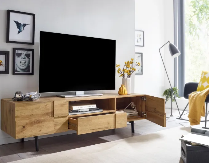TV-Board Kommode 160cm MDF Eiche Dekor Design Lowboard mit 2 Türen & Schublade Fernsehschrank