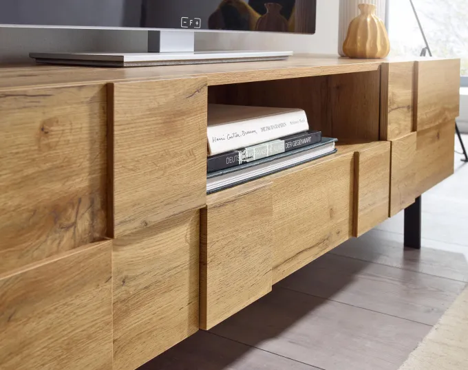 TV-Board Kommode 160cm MDF Eiche Dekor Design Lowboard mit 2 Türen & Schublade Fernsehschrank