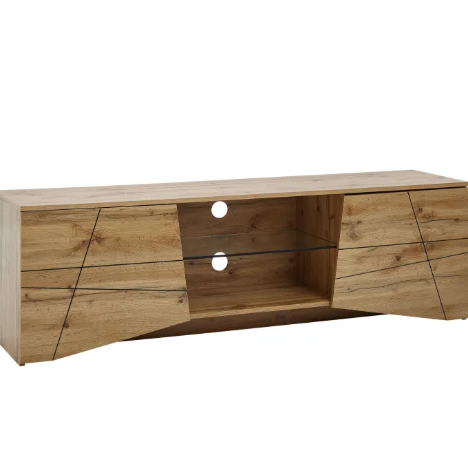 TV-Board Kommode 160cm MDF Eiche Dekor Design Lowboard mit 2 Türen & Glas Ablage Fernsehschrank