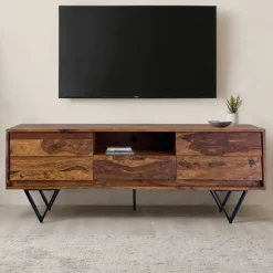 TV Lowboard FineBuy Sheesham Massivholz 160 cm Türen Schublade Fach Metallfüße