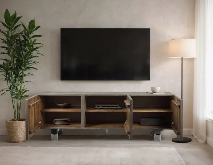 TV Schrank FineBuy Lowboard 160 cm Smoked Grey Holz Massiv Fernsehkommode Grau
