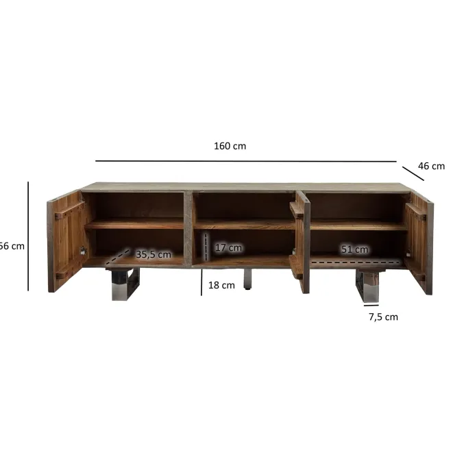 TV Schrank FineBuy Lowboard 160 cm Smoked Grey Holz Massiv Fernsehkommode Grau