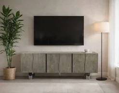 TV Schrank FineBuy Lowboard 160 cm Smoked Grey Holz Massiv Fernsehkommode Grau