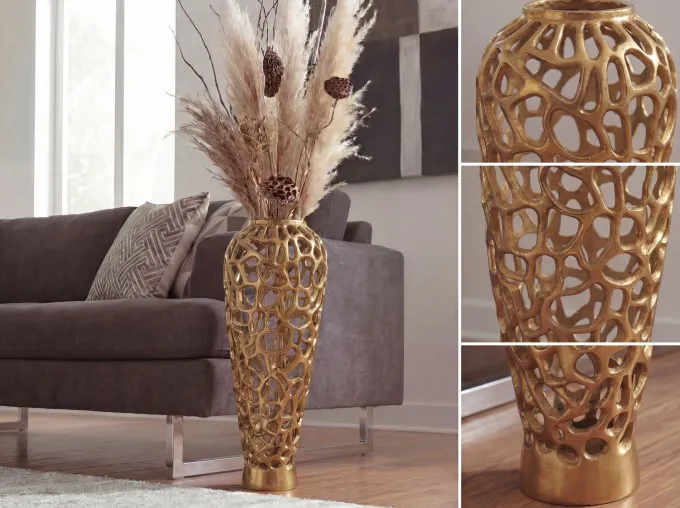 Vase Aluminium Gold Blumenvase Bodenvase Wohndeko Groß Rund Dekovase Handmade