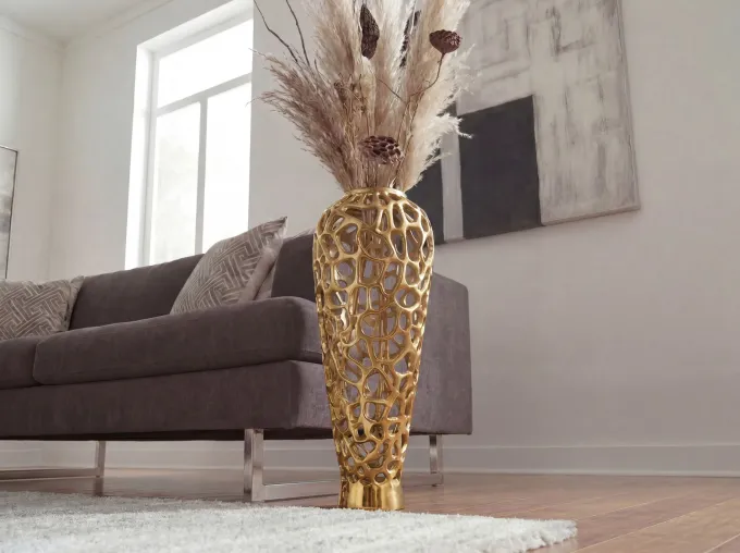 Vase Aluminium Gold Blumenvase Bodenvase Wohndeko Groß Rund Dekovase Handmade