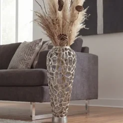 Vase Aluminium Silber Blumenvase Bodenvase Wohndeko Groß Rund Dekovase Handmade