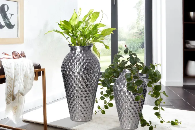 Vase 2er Set FineBuy Blumenvase Aluminium Amphore Tischvase Rund Dekovase
