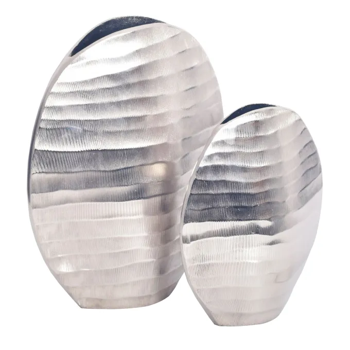 Vase 2er Set FineBuy Blumenvase Aluminium Tischvase Dekovase Rund Wellenmuster