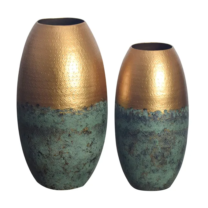 Vase 2er Set FineBuy Blumenvase Aluminium Gold Patina Tischvase Punziert Rund