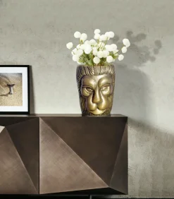 Vase FineBuy Blumenvase Löwenkopf 21 cm Aluminium Gold Tischvase Wohndeko Rund