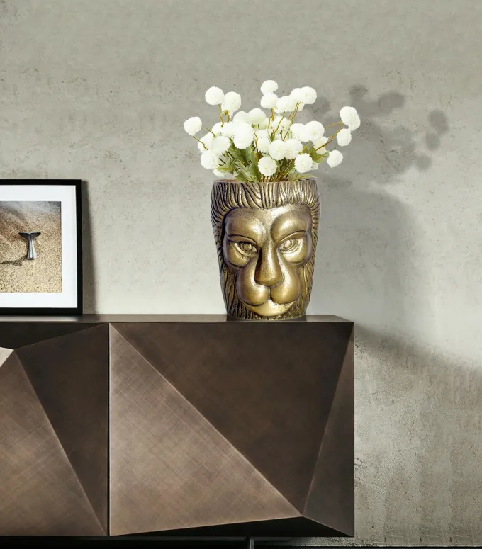 Vase FineBuy Blumenvase Löwenkopf 21 cm Aluminium Gold Tischvase Wohndeko Rund