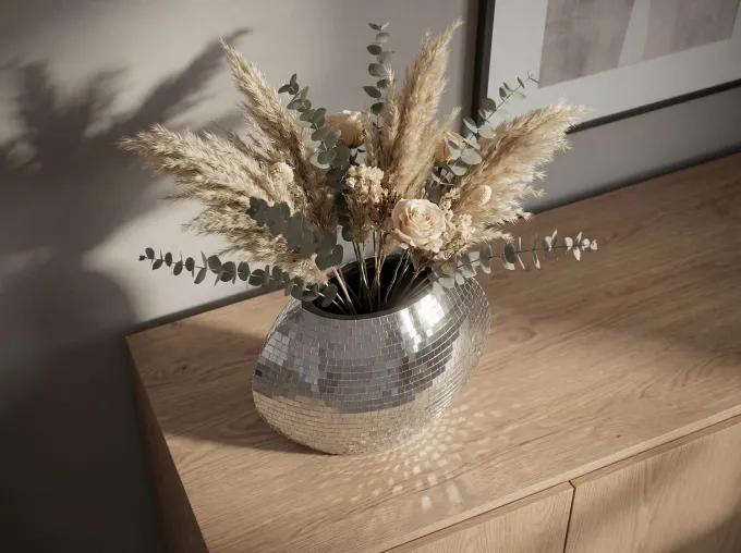 Vase Tischvase 40cm Metall Design Blumenvase Wohndeko Rund Handmade Mosaik Deko
