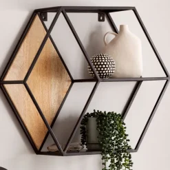 Wandregal FineBuy Hängeregal 60x52x20 cm Massivholz Metall Regal Sechseckig