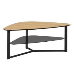 Wohnzimmertisch FineBuy Couchtisch Nierenförmig Eiche Optik Glas Ablage 110 cm